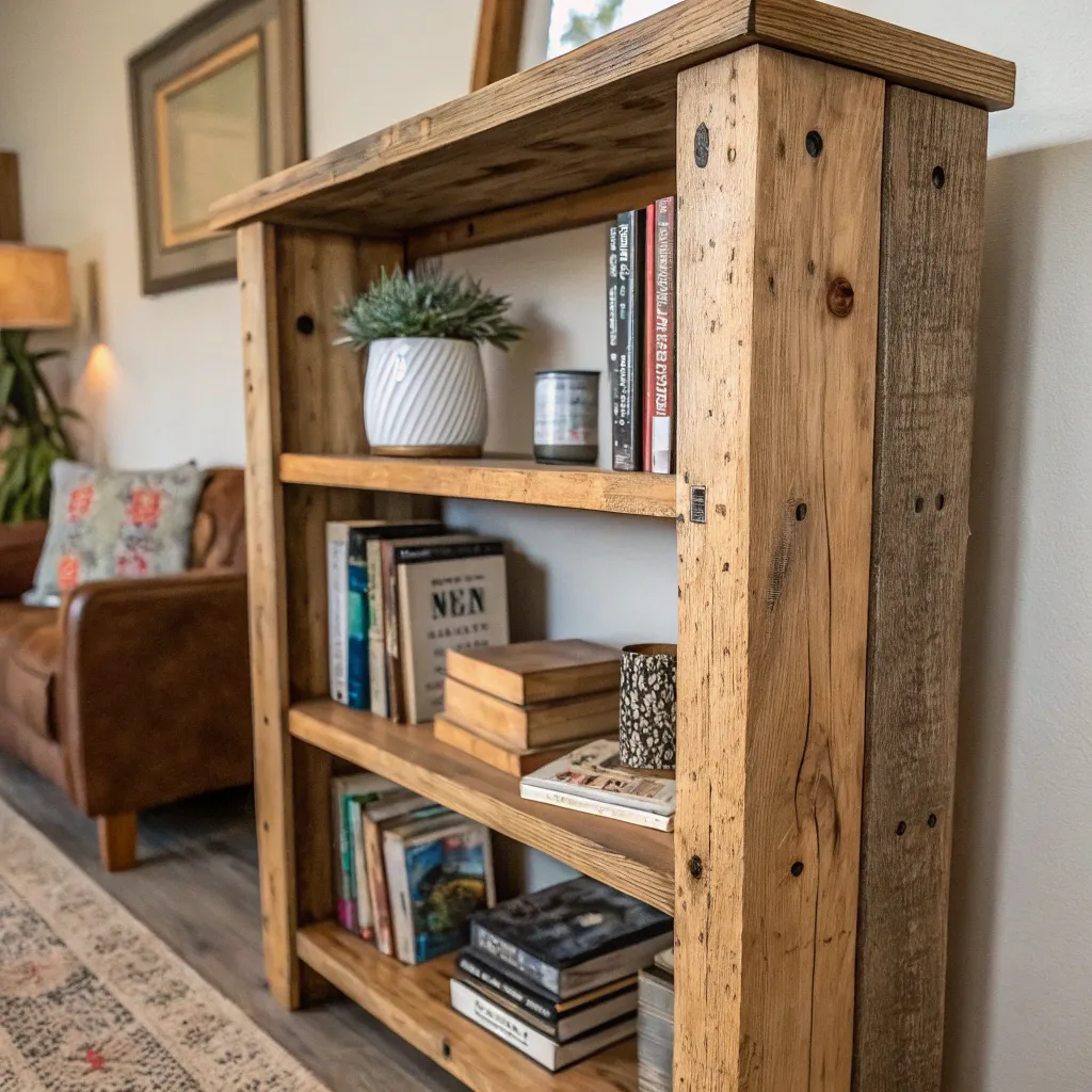 A rustic bookshelf made from reclaimed wood